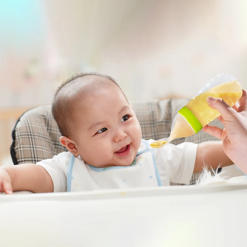 Manufacturer Custom BPA Free Infant Nursing Food Grade Silicone Feeder Fresh Food Training Baby Feeding Bottle With Spoon