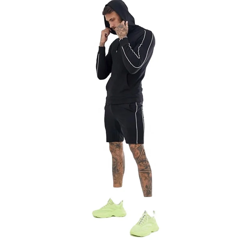 Пуловер с капюшоном и кулиской с длинными рукавами, контрастный светоотражающий чехол с карманами, спортивный костюм с капюшоном, спортивные шорты