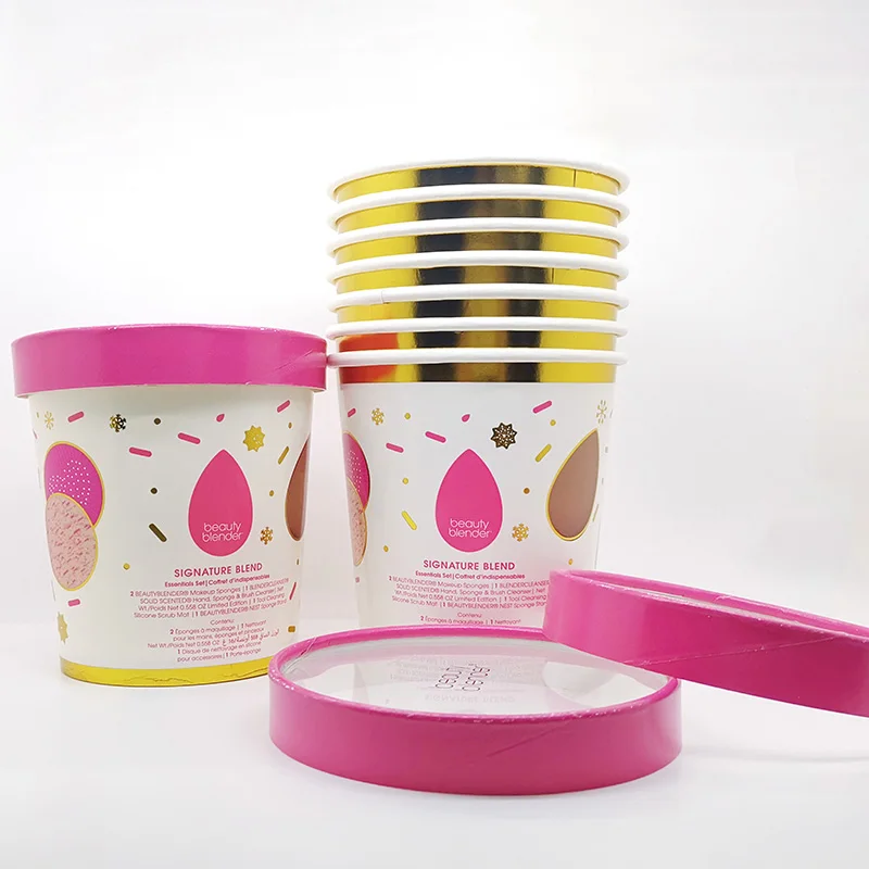 Customized 16oz gilding paper cup, transparent plastic cover, disposable pink ice cream paper cup