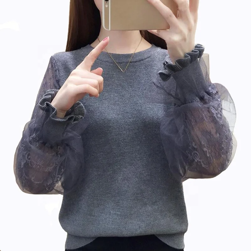
Fashion Polyester Knit Sweaters Women Lace Puff Sleeve Knitwear O-neck Womens Sweater Solid Color Knitted Pullover 
