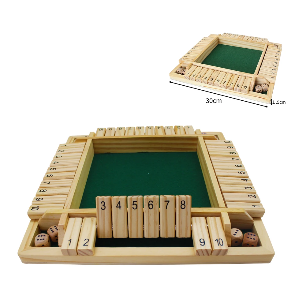 12in 30cm 4-Way Shut The Box Large Wooden Board Game Set with 8 Dice for Kids Learning Addtion Adults Classroom Home Party Pub