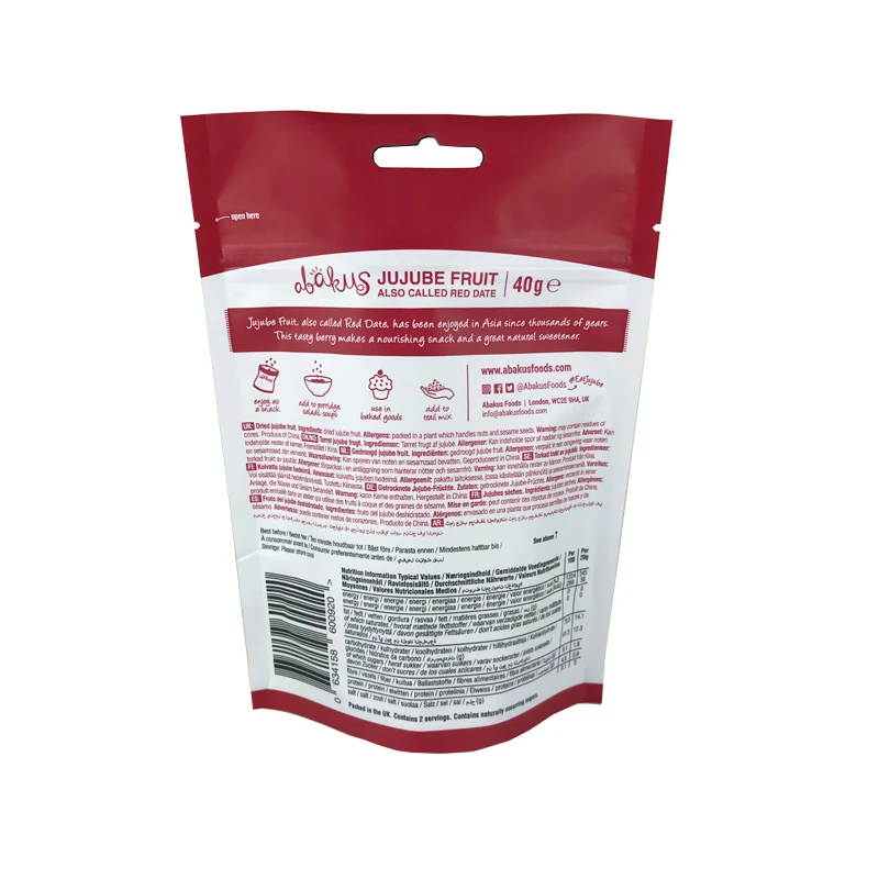 China manufacture aluminum foil pouch for snack packaging dry fruit bag with euro hole