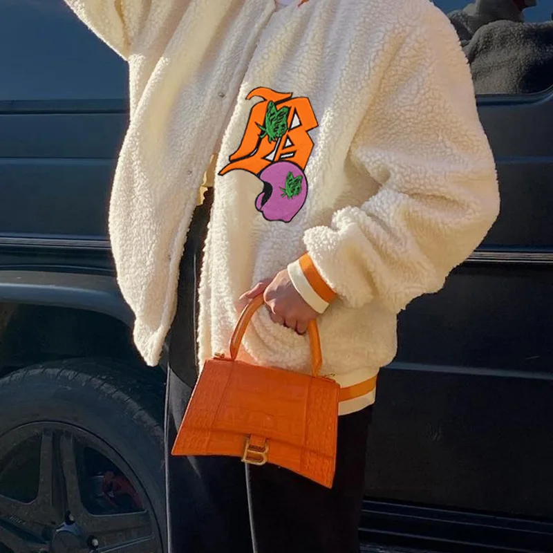 Plush Casual Cardigan Sweater For Women Fall Warm Letter Print Loose Coat Long Sleeve O Neck Winter Jacket