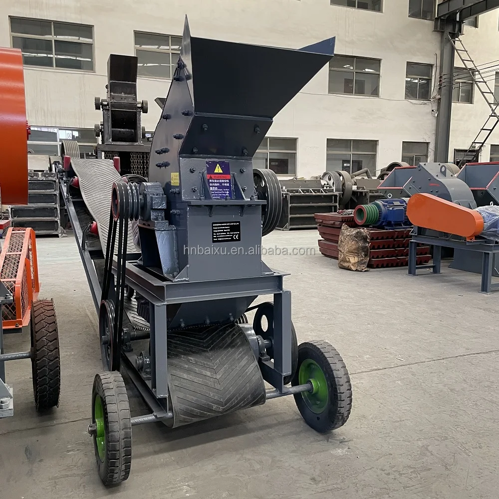 portable gravel sand making machine small pc 400*600 glass hammer mill crusher with conveyor belt