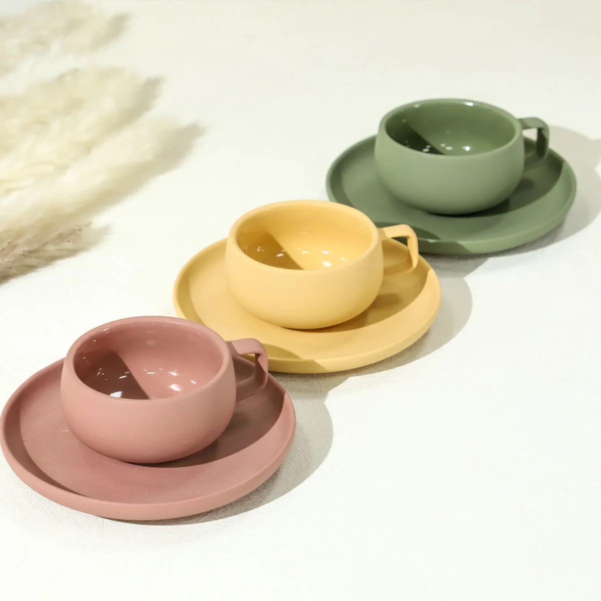 95ml custom logo modern color clay cup and saucer gift porcelain wholesale ceramic coffee tea cups and saucers set