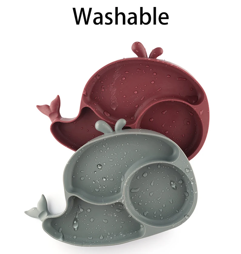 High Quality Whale Shape Silicone Baby Plate with Suction Dishwasher Safe BPA Free Non Slip Divided Toddler Feeding Tray