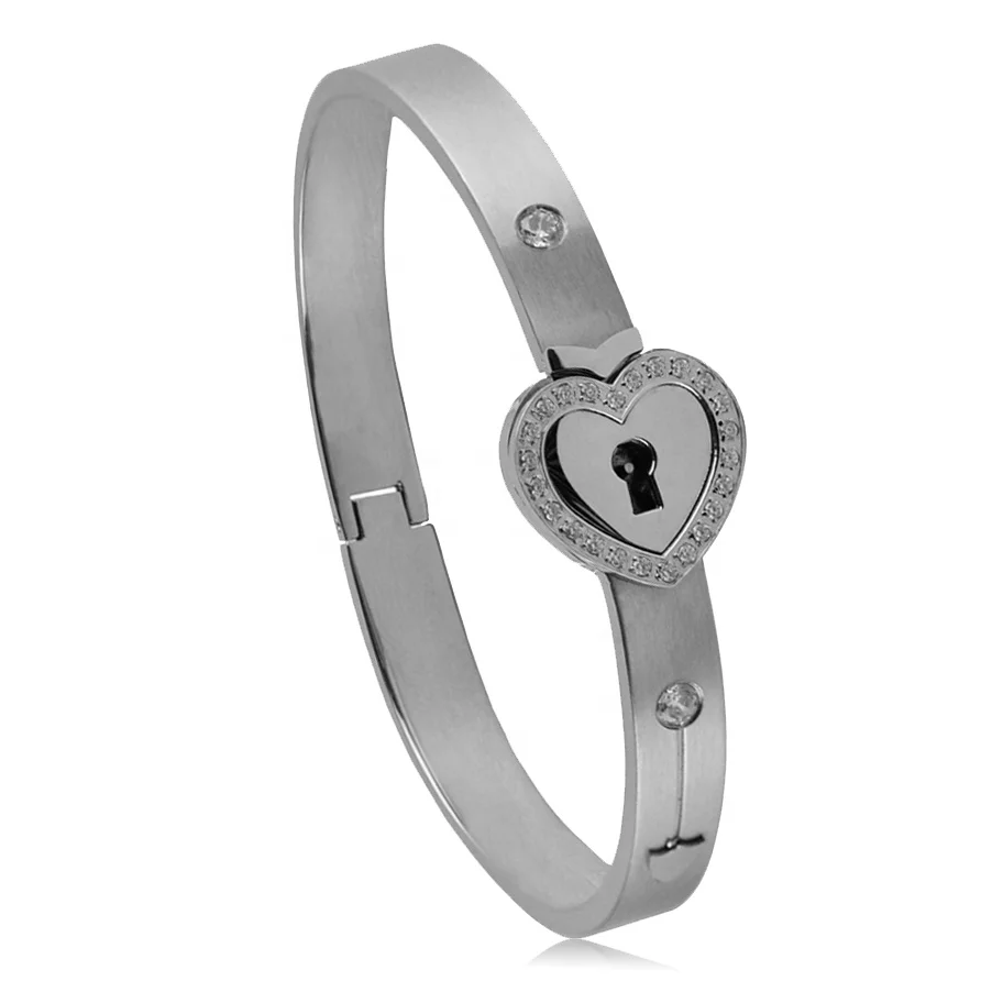 Love Lock Key Heart Bangles Stainless Steel Bangles with CZ Stones Inlaid