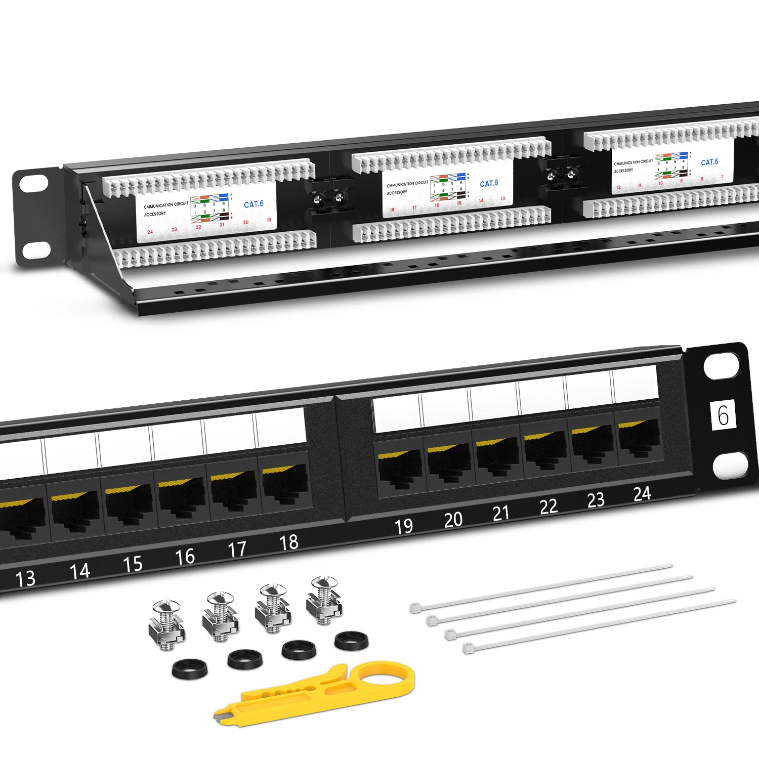 AMPCOM 24 Ports Cat6 Patch Panel, 15u Gold Plated, 1U, 19 inch, RJ45 Ethernet 568A 568B, with Rear Cable Management Bar