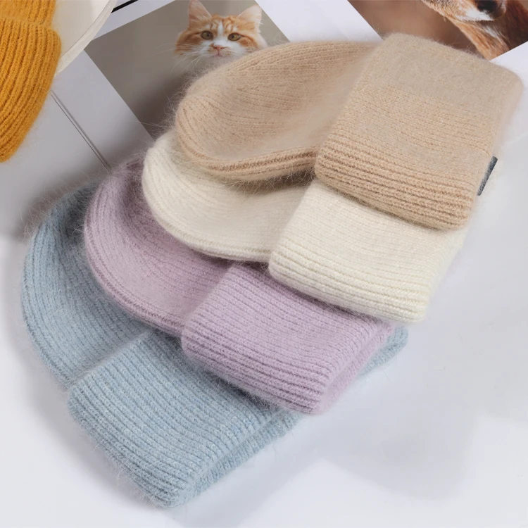 2021 new plain rabbit fur warm hat winter plain plush knit hat