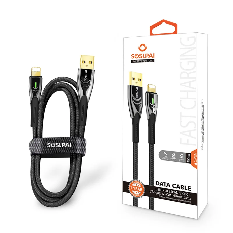 SOSLPAI wholesale phone usb charger cable 3.28ft nylon braided custom logo usb data charging cable for iphone