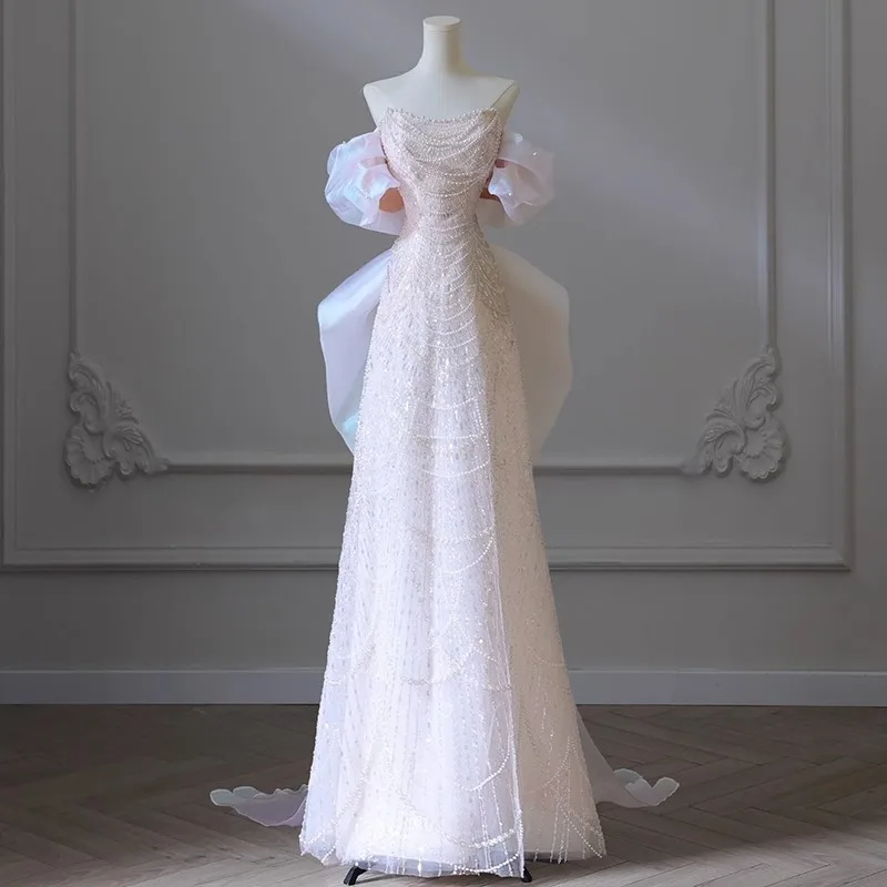 ZX-2029 High Quality One-shoulder Pearl Beaded Lace Wedding Dress Sequin Bridal Engagement Evening Dress With Detachable Train