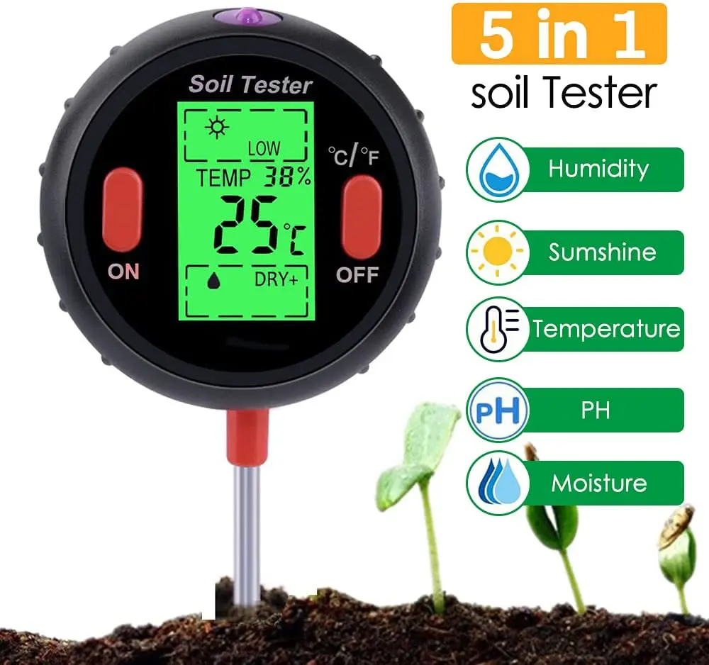 Multifunction Digital 5 in 1 Soil PH Meter Moisture/Temperature/Sunlight/Humidity Soil Detector with LCD Backlight