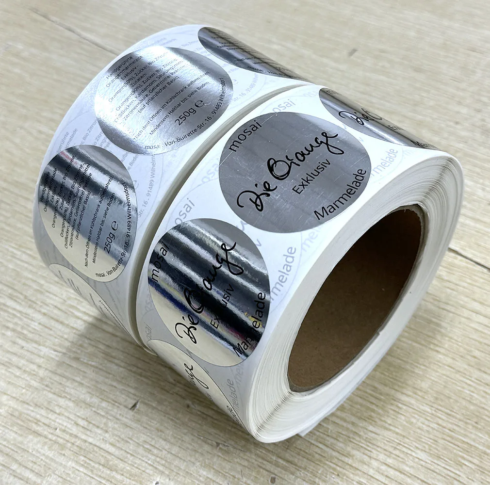 Self adhesive sticker label, black logo with silver foil, plastic vinyl waterproof round self-adhesive sticker design printing