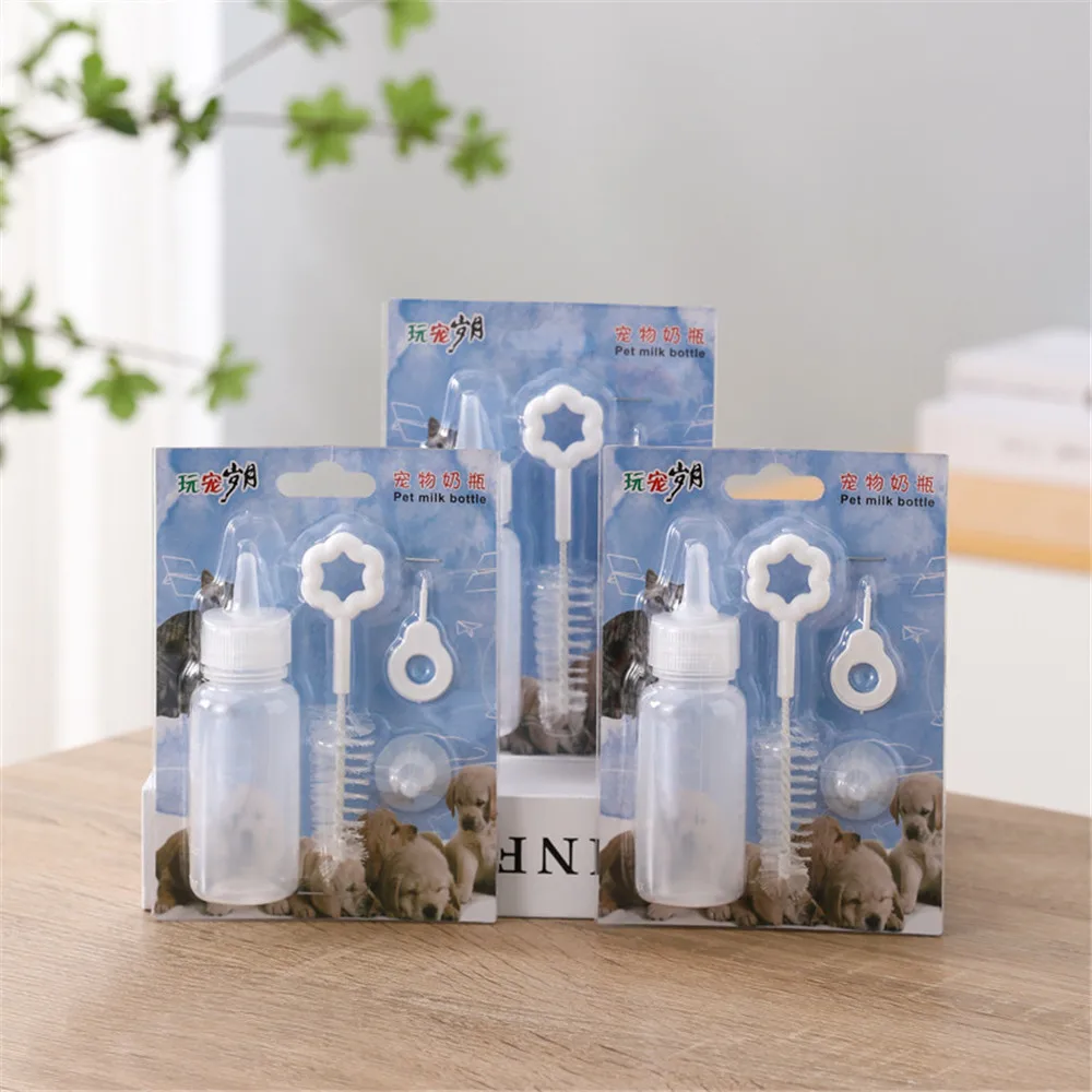 4 pcs Pet Feeding milk Bottle Kit Kitten Bottle Can Squeeze Liquid Puppy Nursing Bottle Replacement Mini Nipples Brush