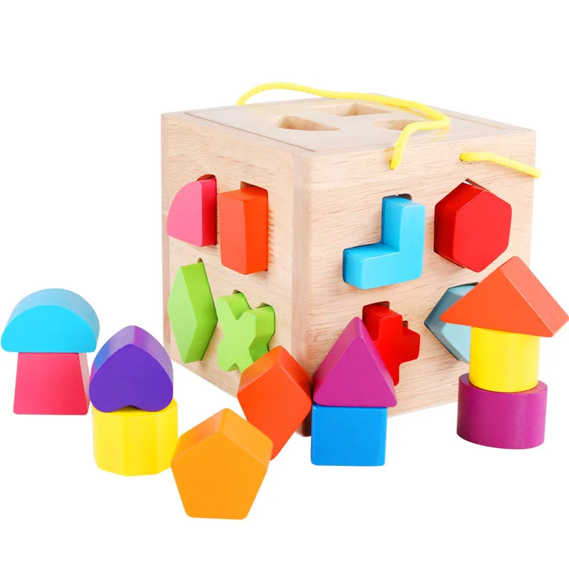
Wooden Geometric Shapes Toys Building Blocks Matching Cognition Training Early wood shape sorting cube 