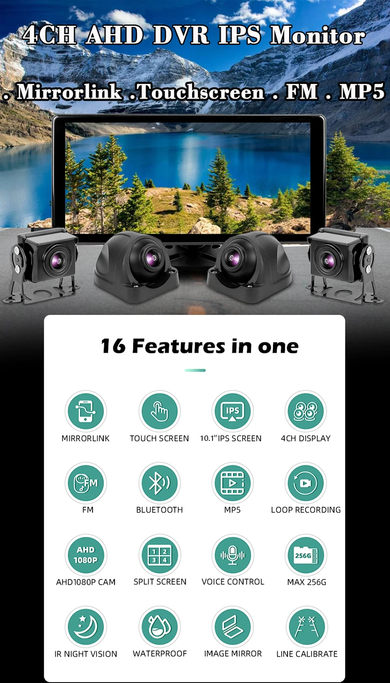 4 channels Bus touch screen monitor IPS truck  DVR Monitor Mirror-link Car Backup  rear view camera