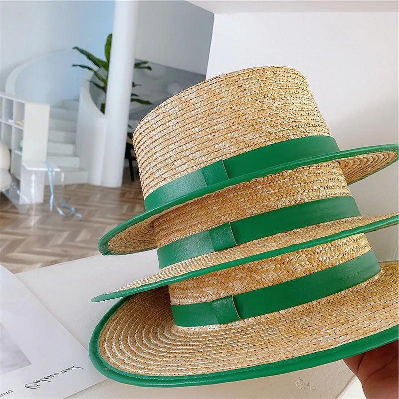 Hot selling solid ladies beach sun protection Green brimmed straw Women fashion flat top Jazz hat