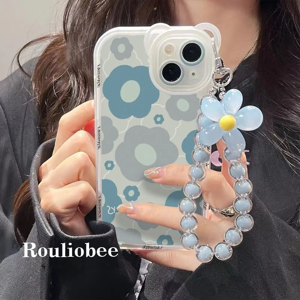 Blue Flower Bear lens Bracelet  Tpu Phone Case for iPhone 14 13  Anti-drop Phone Case For 12 13Pro