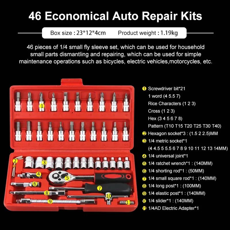 46pcs in 1 ratchet torque wrenches hand tools socket wrench spanner tools box for set mechanic screwdriver tool set
