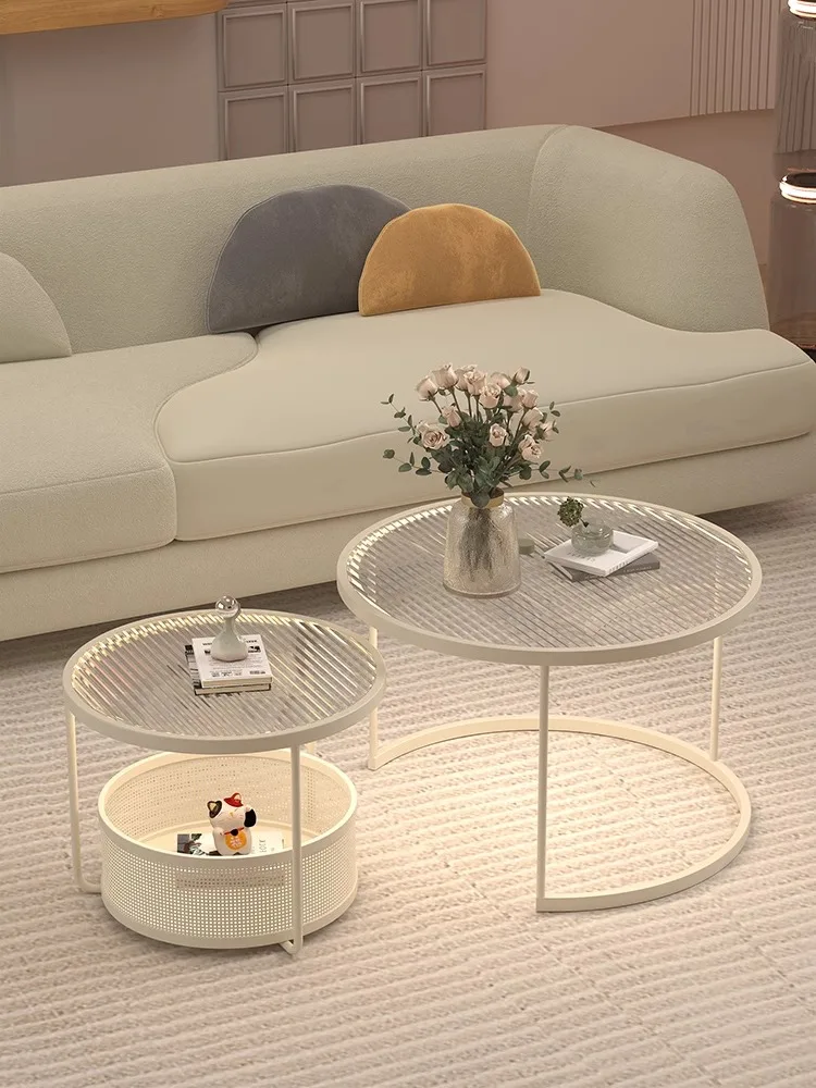 Hot Sale Nordic Wind Light Luxury Glass Coffee Table Small Round Table Cream Style White Round Tea Table