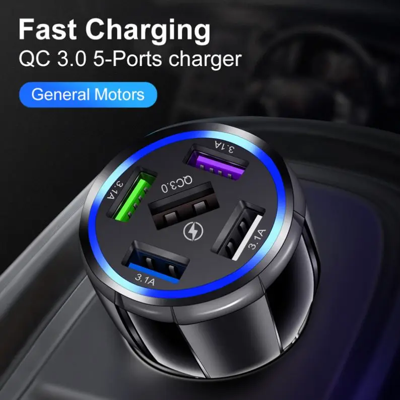 5 Ports USB 15A Car Charger QC 3.0 Port Phone Fast Charging Adapter for  IPhone 12 Xiaomi Samsung Intelligent Charging