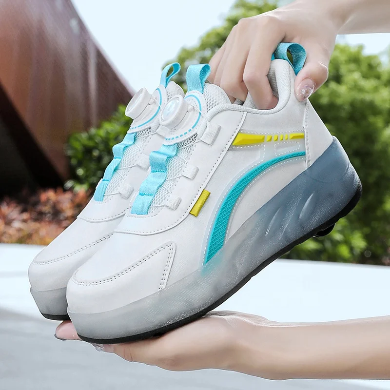 Unisex Casual Roller Skates for Beginners Leather-Top Rotary Buckle Sports Wheel sneakers Shoes For Girl and Boy
