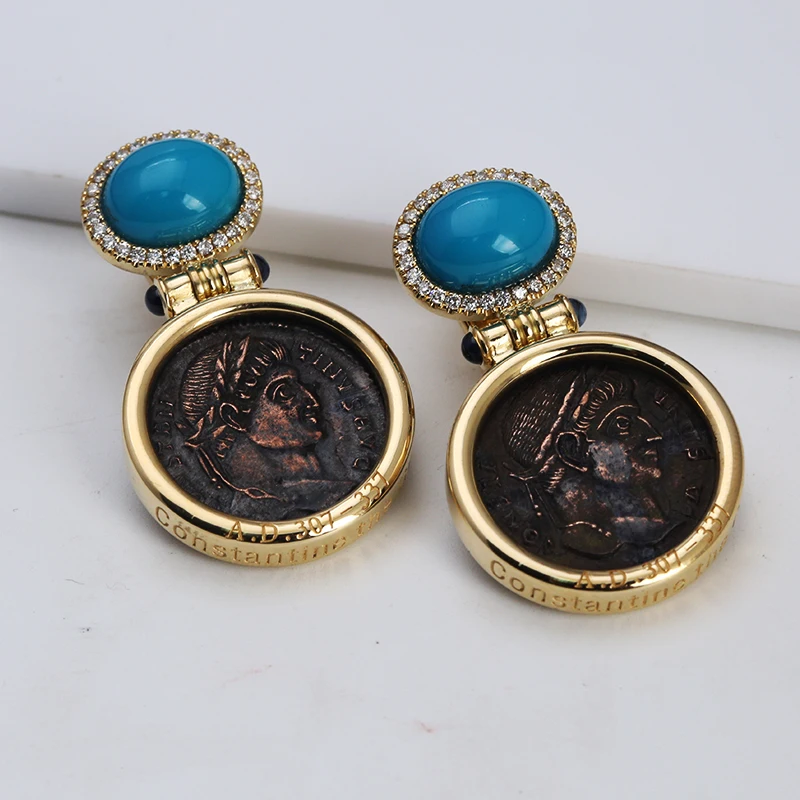 Wholesale Designer Inspired Luxury Women 18K Gold-Plated Gemstone Moissanite Zircon S925 Silver Turquoise Antique Coin Earrings