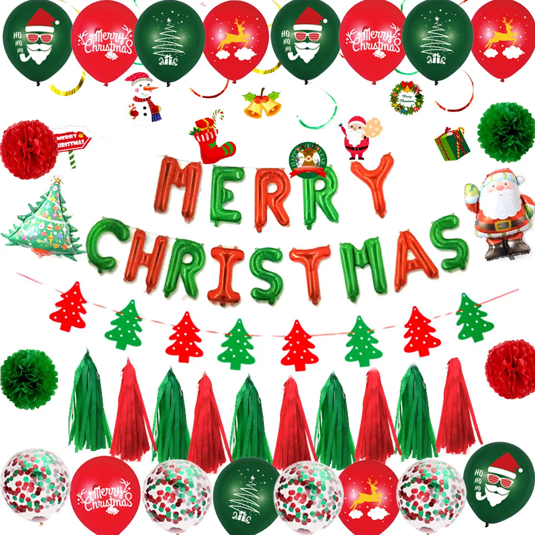 Merry Christmas Foil Balloon Set Red And Green Paper Flower Ball Santa Pulls The Flag Pennant Scene Layout Latex Balloon Set
