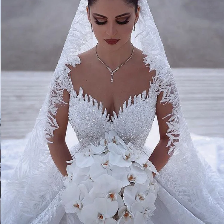 V-neck Luxury Crystal Wedding Dresses Turkey Istanbul China Manufacturer Long Tail Ball Gowns Wedding Dress For Women