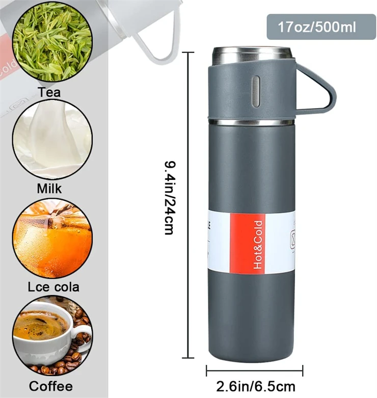 2023 Eco Friendly 500ml Stainless Steel Vacuum Thermos Insulated Water Bottle with 3 Lids