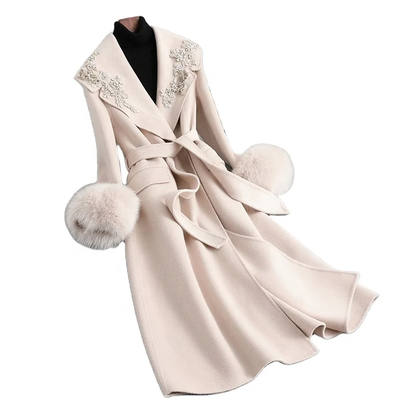 2023 New Fall and Winter Fox Hair Cuffs Double-sided Tweed Coat Female Long Cashmere Wool Tweed Jacket Overcoat JT457