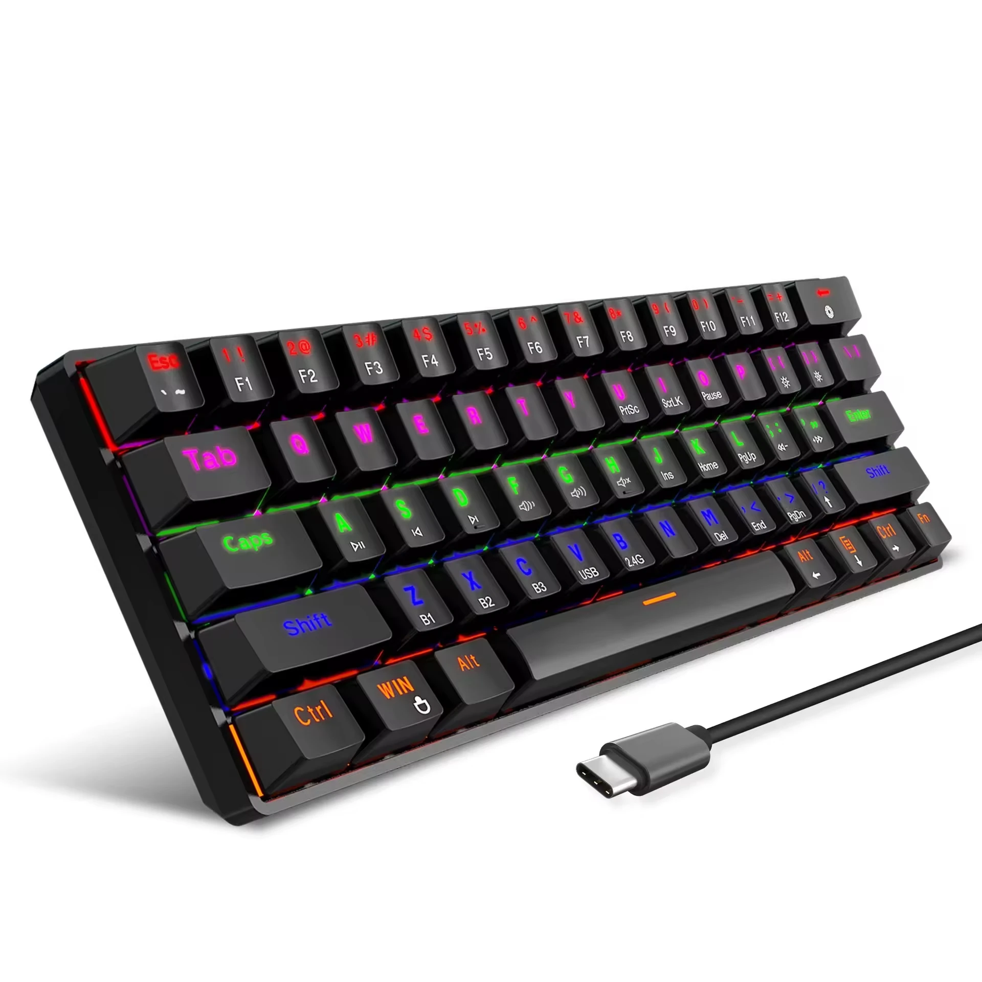 Mini BT 5.0 PC Keyboard 2.4G 3 mode Wireless keyboard Color LED backlit 61 key RGB Gaming 60% mechanical keyboard