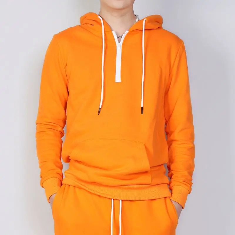 Orange Zipper Pocket Loose Fit Graphic Sweatshirt And Sweatpants Men Cotton Sweatshirt