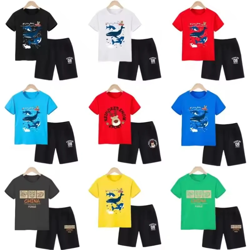 Hot Selling Summer 2pcs Kids Outfits Short Sleeve T-shirt and Shorts Plaid Casual Children Boy Clothes Set