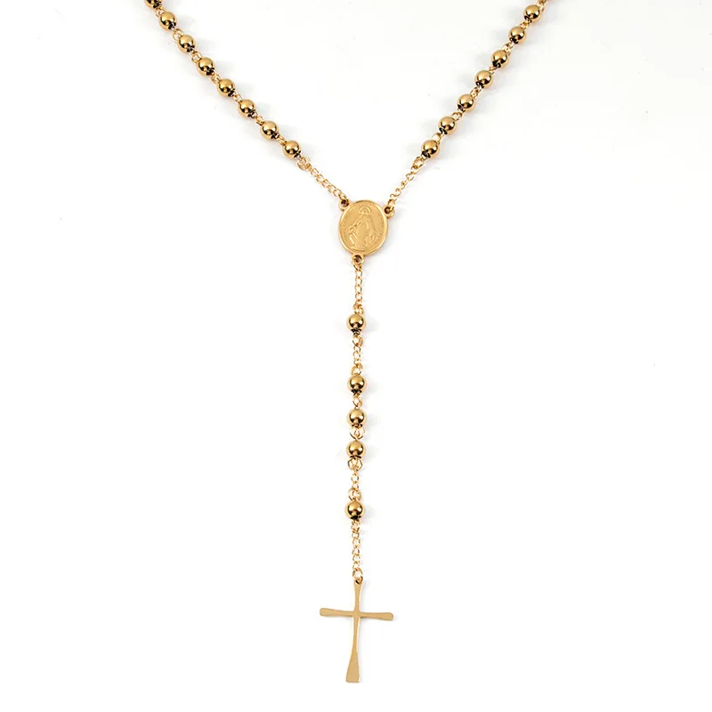 Religious Catholicism 4mm Beads of Notre Dame Cross Gold Stainless Steel Necklace