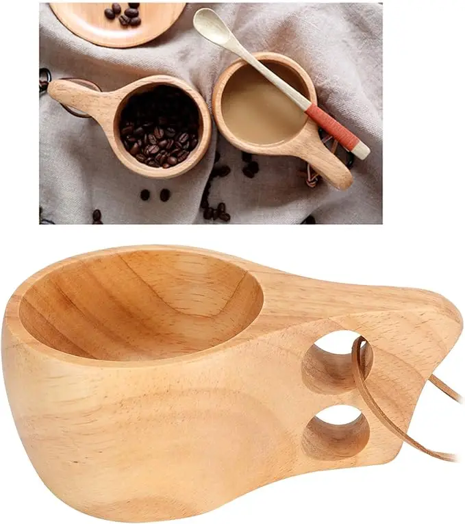 Wooden Camping Mug Wood Camp Mug with Leather Lanyard Nordic Style Wood Mug Drinking Cup Portable Hiking Tableware