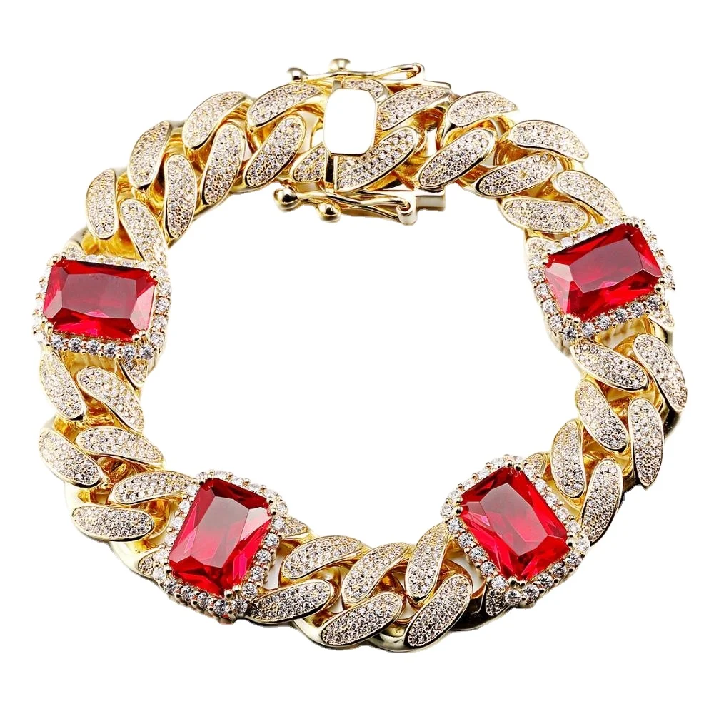 
New design hip hop fashion sterling Silver jewelry gold chain pave red ZIRCON stones cuban Miami bracelet for men 
