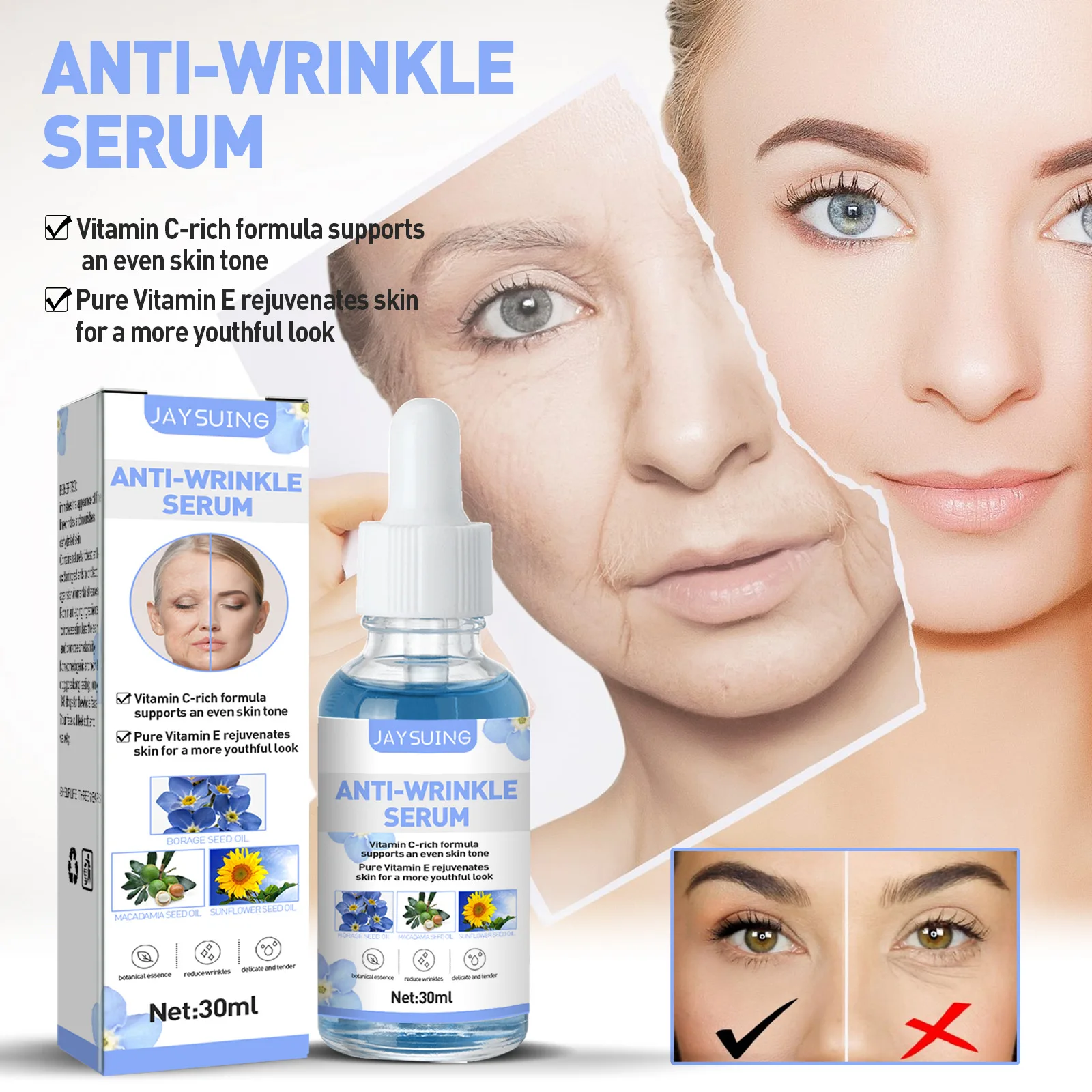 Jaysuing 30ml Wrinkle-Soluble Facial Moisturizer Firming Fading Wrinkle French Lines Filling Skin Rejuvenation OEM Supply