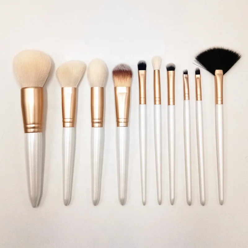 Make Up Brush Beauty Tools Kit Custom Brand 10pc Gold and Pearl White Professional Makeup Brush Set