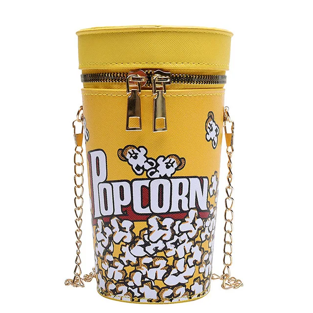 Creative Funny Popcorn Drink Cylinder Bag Women Solid Chain Shoulder Bucket Bag Personality Young Girl PU Leather Crossbody Bag