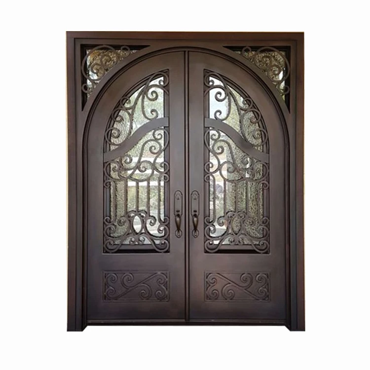 Residential used main entrance double swing insulated glass corrosion resistant strong structure metal frame wrought iron doors