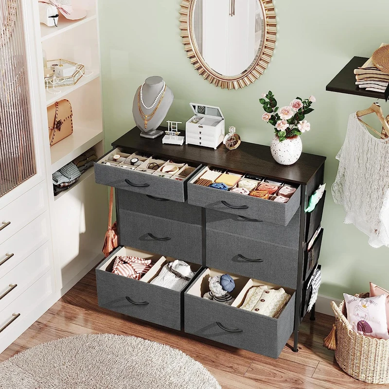 Wood Double Dresser Chest  With 8  Fabric  Drawers for Living Room Rustic Brown