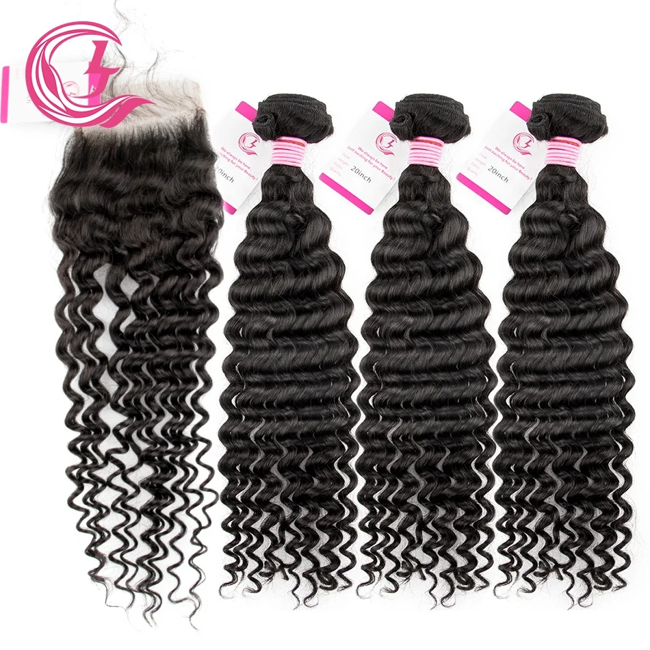 Clj Wholesale Tissage De Cheveux Mink Cuticle Aligned Peruvian Black 38 Inch Deep Wave Human Blend Bundles With Closure