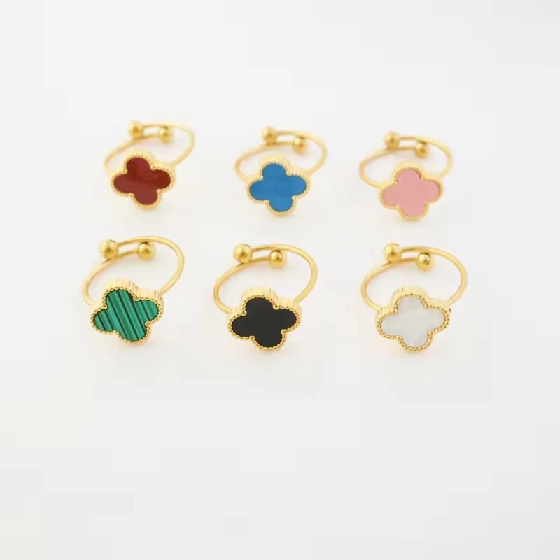 New Hollow Vintage Gold Plated Fashion Jewelry Four-Leaf Clover Lucky Open Adjustable Luxury Stainless Steel 4 Leaf Clover Ring