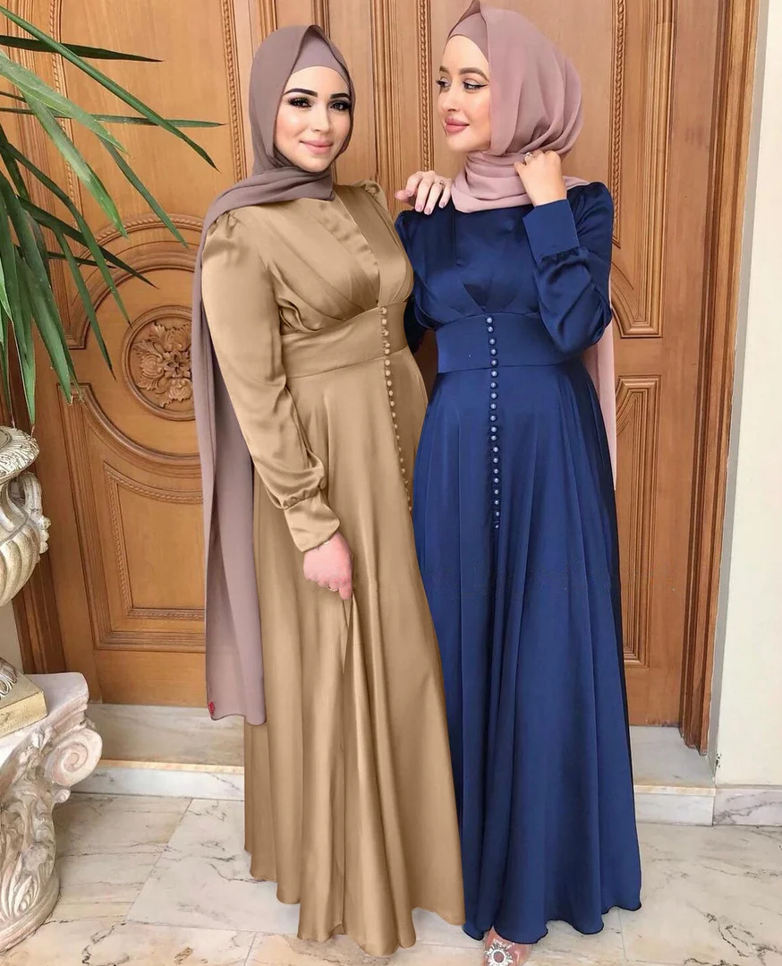 Luxury Solid Color Dubai Elegant Satin Gown Belted Beaded Muslim Dress Plus-Size Long Sleeve Islamic Clothing Abaya for Women