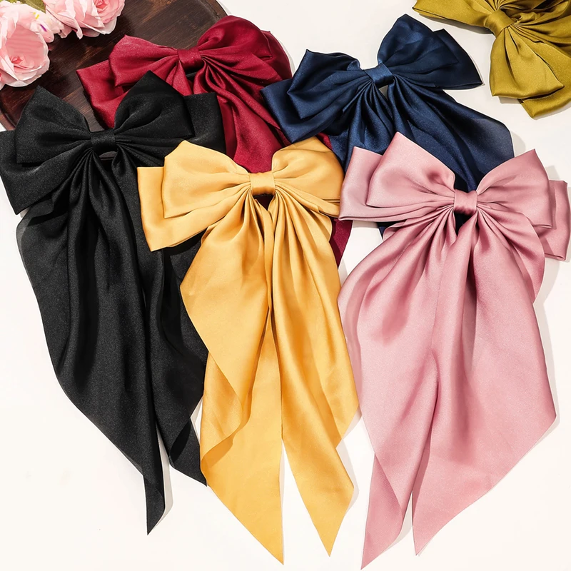 Fabric Solid Color Bow Girls Hair Clip High Quality Long Streamer Large Hairpins Fashion Simple Elegant Ribbon Hair Accessories
