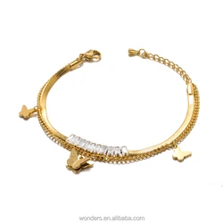 Butterfly Gold Snake Double Chain Bracelet CZ Crystal Decorated Beautiful Wedding Bridal Jewelry