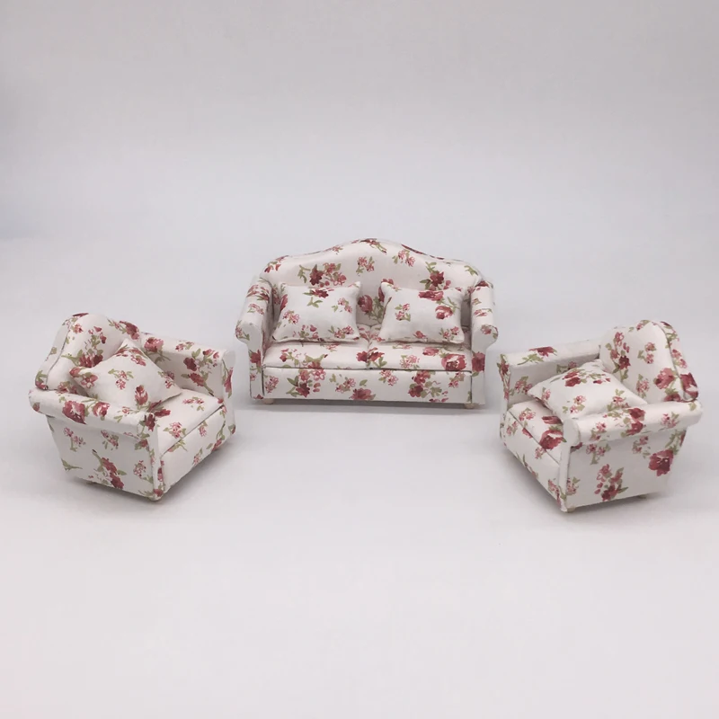 1:12 Dolls House Miniature Furniture Sofa Set/3 Furniture Sofa loveseat w/ cushion Floral Living Room Furniture