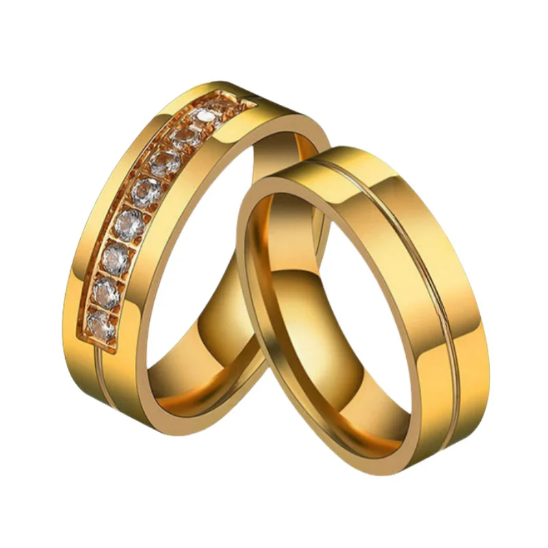 6MM Size 6 to 12 18k Gold Plated Eternity Titanium Engagement Couple Ring Cubic Zirconia Stainless Steel Wedding Band Rings set