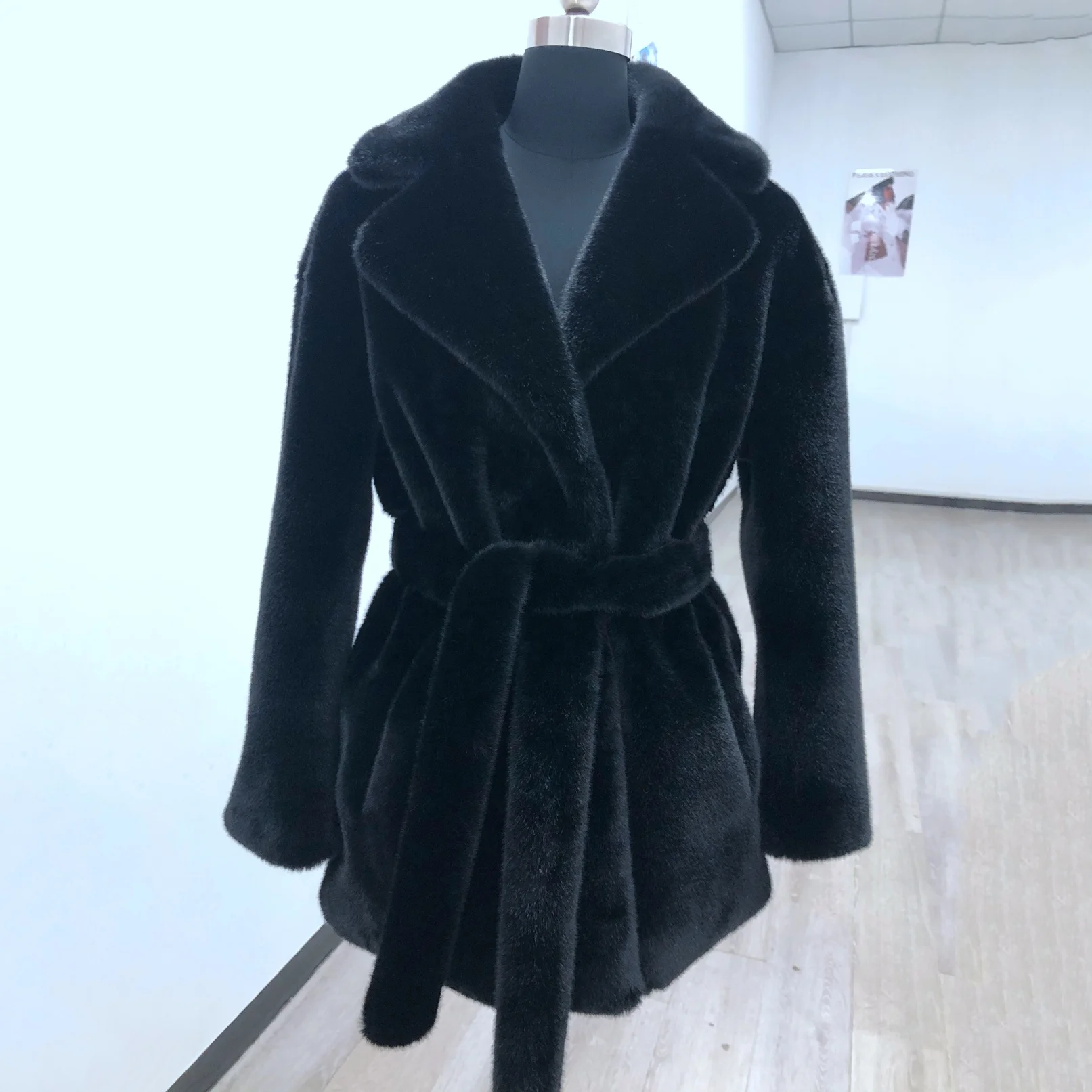 Hot seller High Quality Eco Imitate Mink Fur Top Women Ladies Mid Length Cheap Belted Luxurious Furry Mink Fur Coat